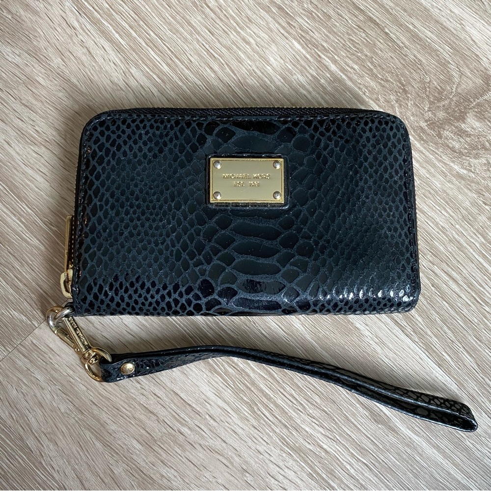 Michael Kors Wristlet, Black Faux Snakeskin, 5.5”x3.5”